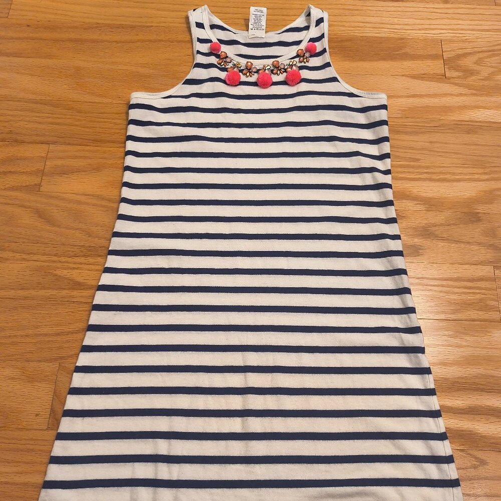Girls' Navy Stripe Tank Dress with Pink Pom Trim